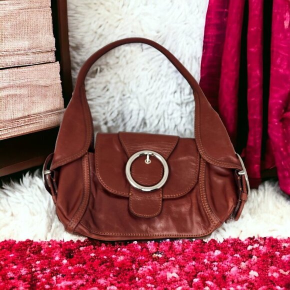 Gianni Bini Reddish Brown Faux Leather Hobo Shoulder Handbag Purse Tote Buckle - Picture 1 of 9